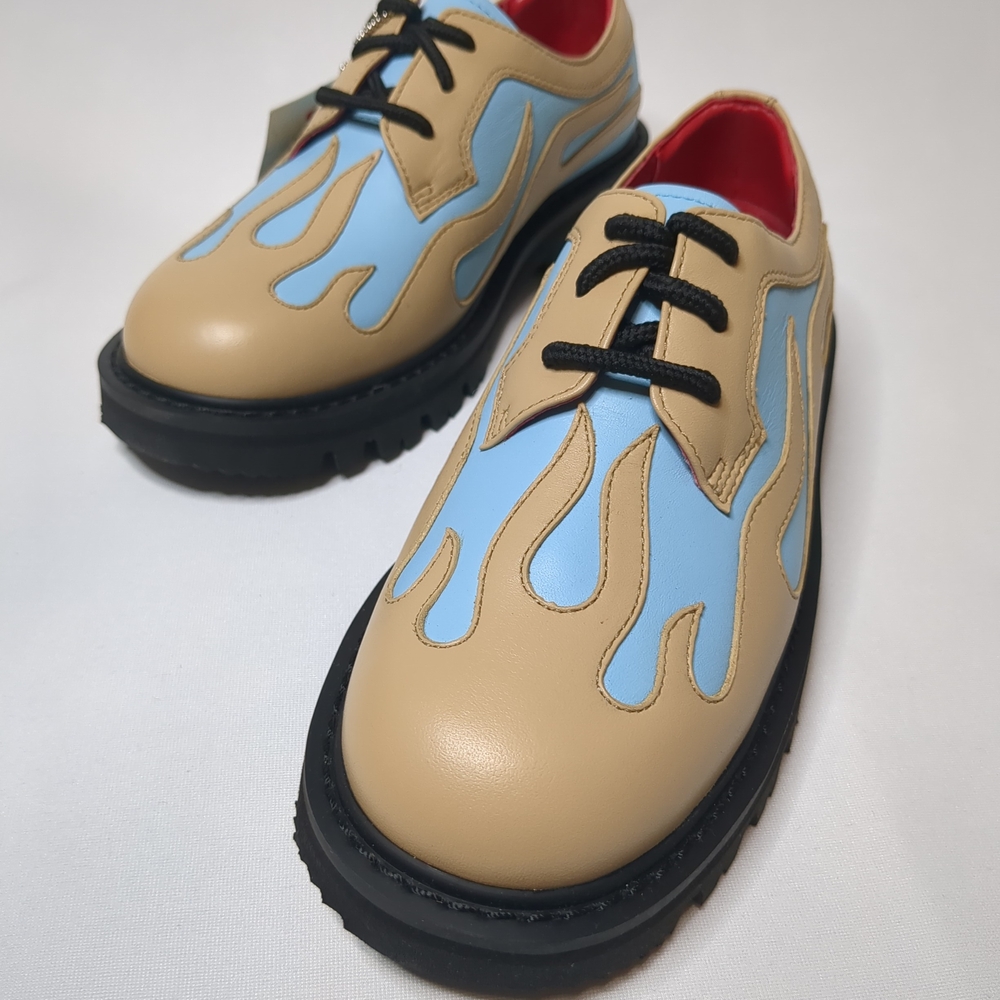 🔥Vintage Designer Kids Leather Dress Shoes-US Size 3 Blue And Tan Retro Flames
